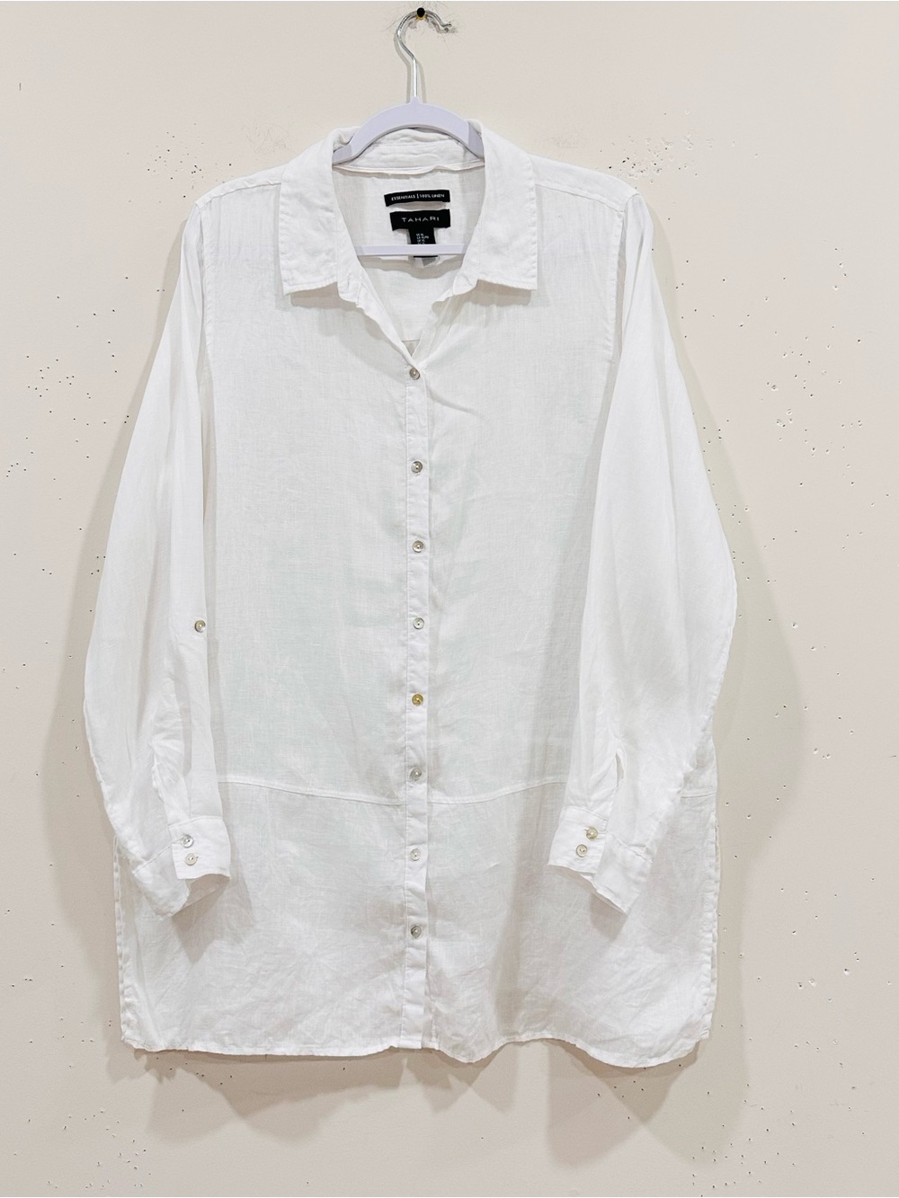 Tahari Essentials White 100% Linen Button Up Tunic Shirt Oversized Lagenlook XL